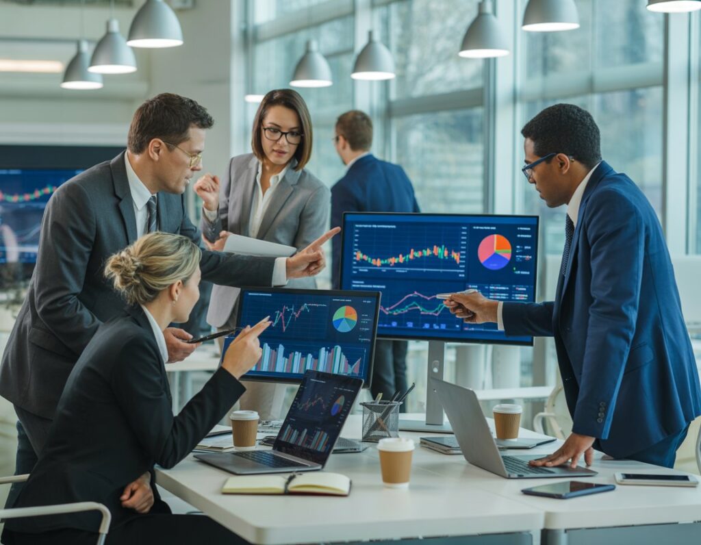 A group of professionals working together in an office, analyzing data and discussing charts displayed on multiple screens.