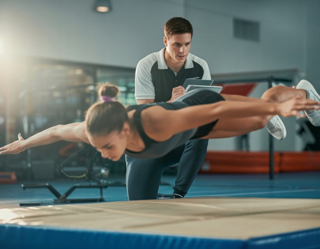 An acrobat landing on a gym mat inside a training facility while a coach watches nearby.