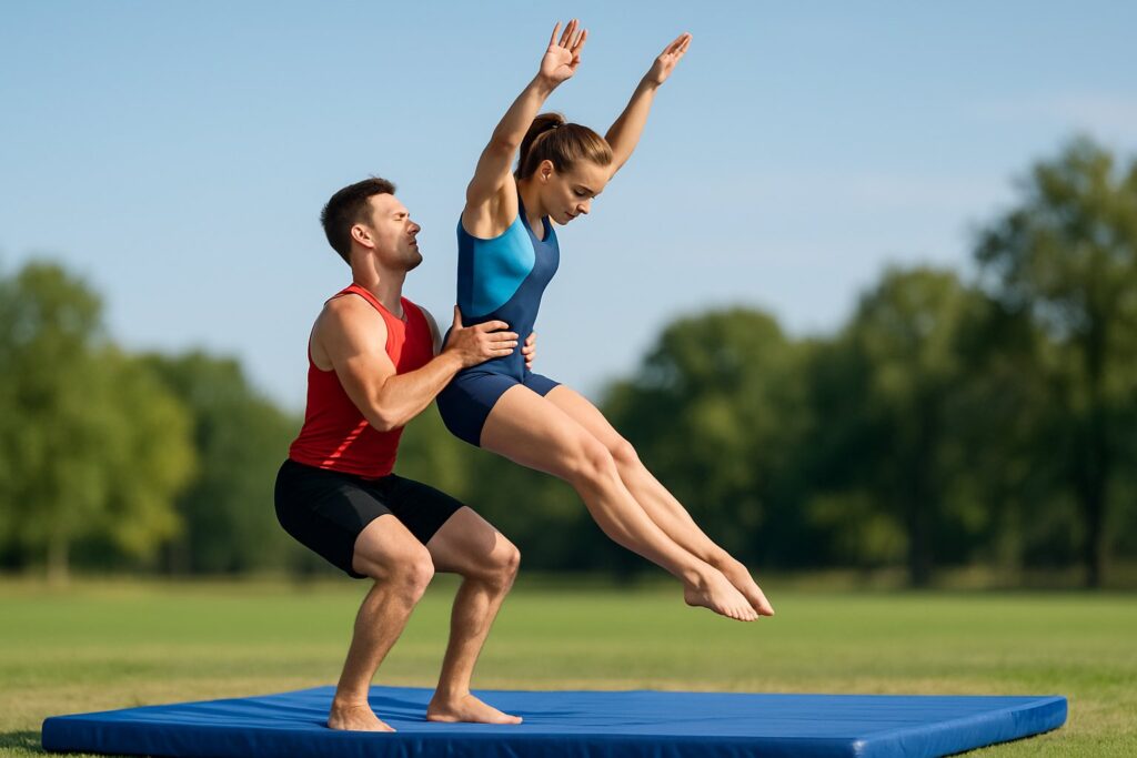 Two acrobats performing a controlled landing outdoors, with one supporting the other as they prepare to touch down on a gym mat.