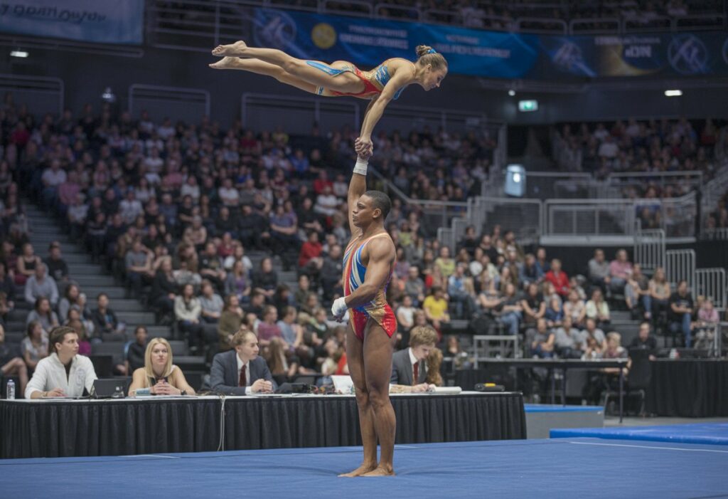 Two acrobats performing a balancing pose on a gymnastics mat in an indoor sports arena with an audience and judges watching.