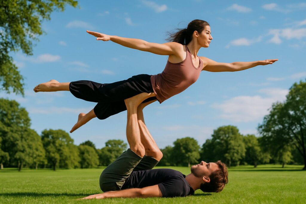 Two people practicing acro yoga outdoors in a park under a blue sky with light clouds and gentle breeze.