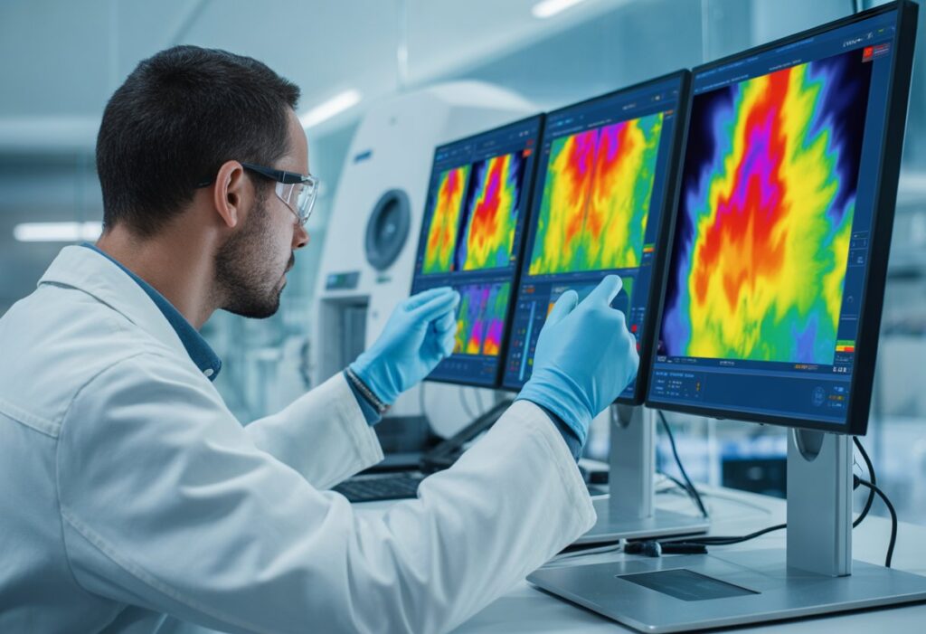 A scientist analyzing colorful thermal imaging data on digital screens in a high-tech laboratory.
