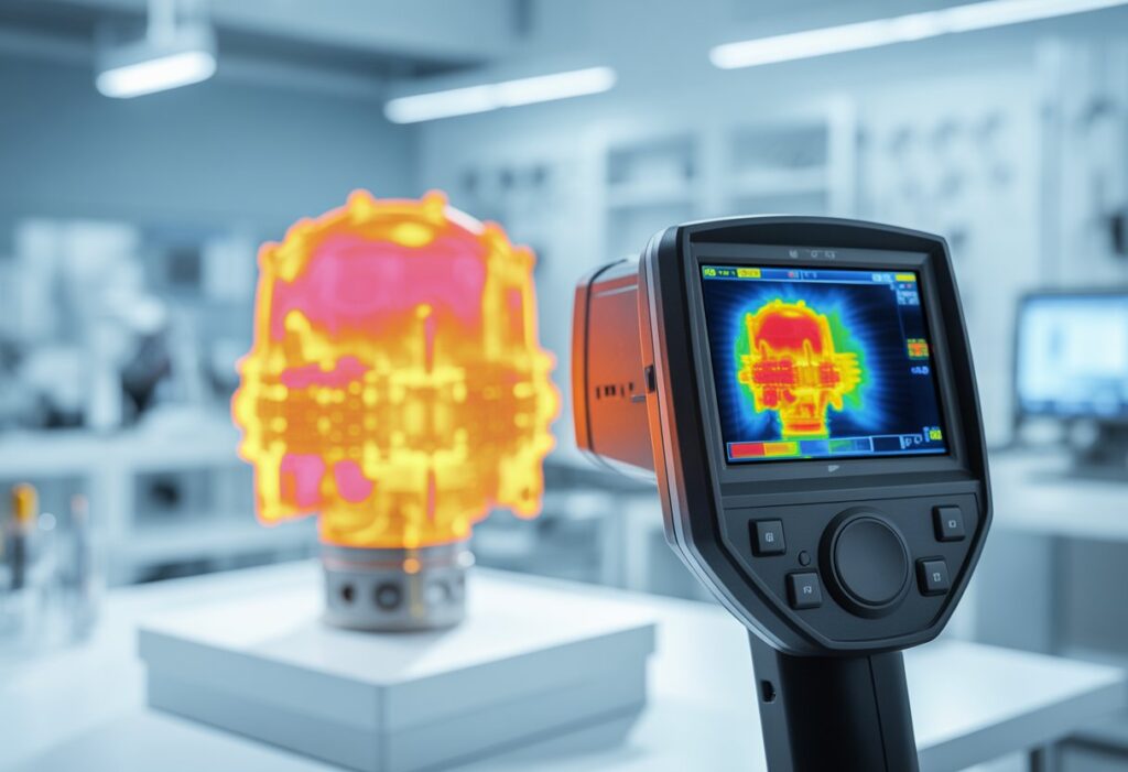 Close-up of a thermal imaging device capturing heat patterns on a glowing mechanical core in a laboratory setting.