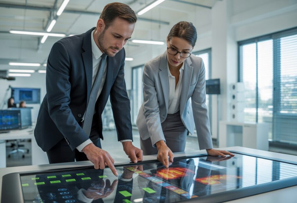 Two business professionals gathered around a digital touchscreen table, reviewing thermal data and exit route diagrams in a modern office.