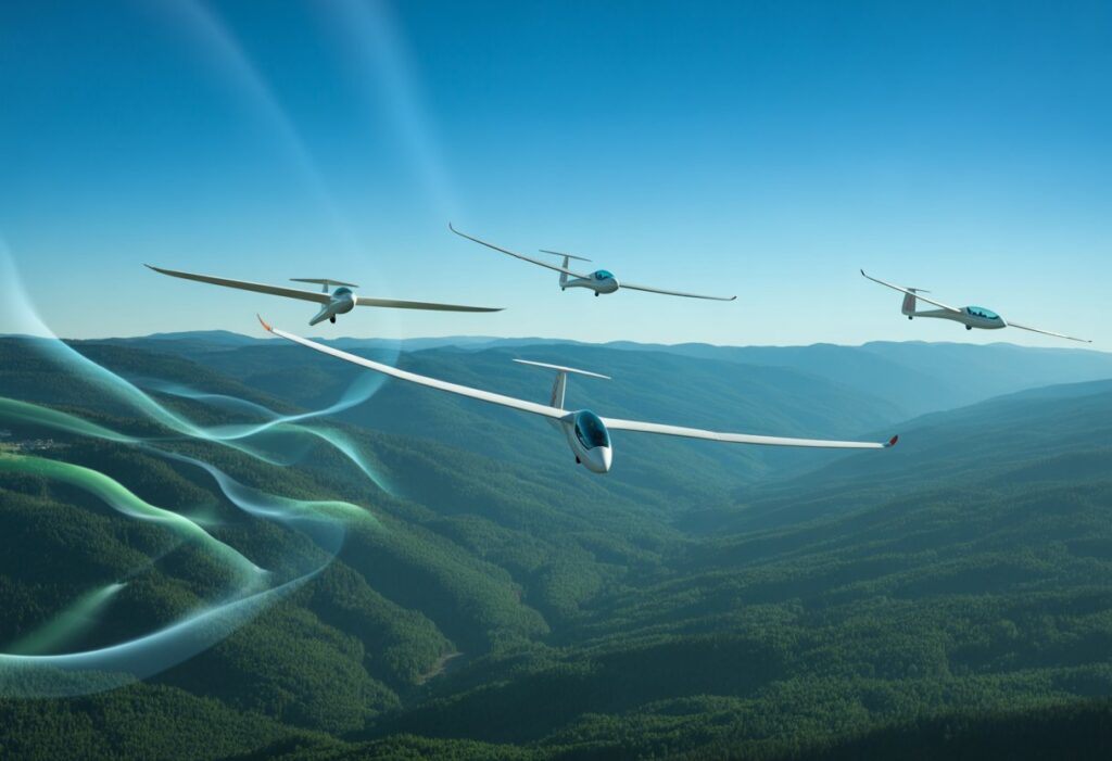 Glider planes flying over mountains and forests with visible thermal updrafts under a clear blue sky.