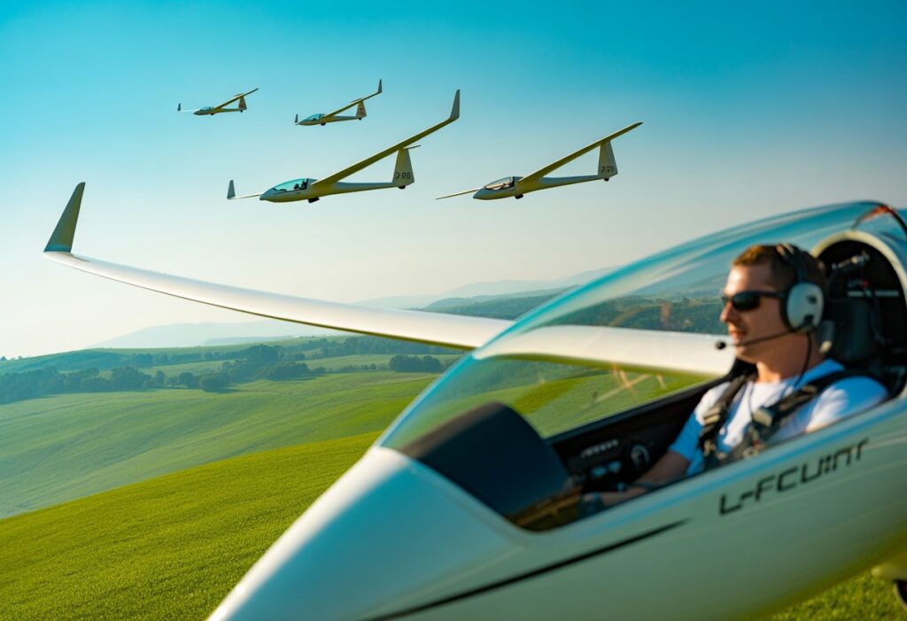 Gliders soaring in a clear blue sky above green rolling hills with a pilot focused inside a glider cockpit.