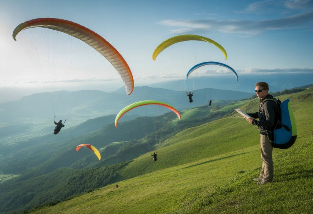 Paragliders flying over green mountains during a thermal flying training course with an instructor observing from the ground.