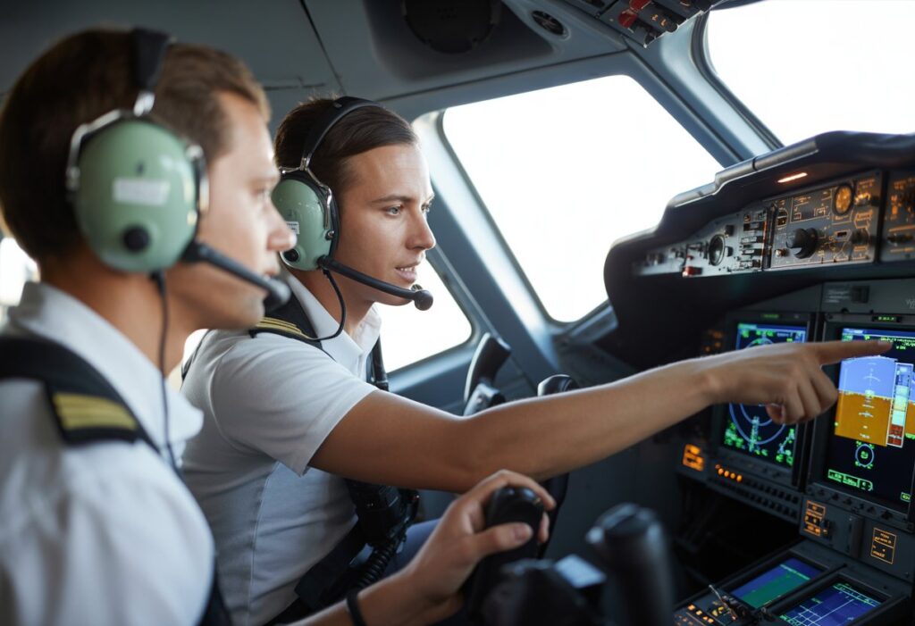 Instructor and trainee pilot inside an aircraft cockpit using thermal imaging instruments during a flying training course.