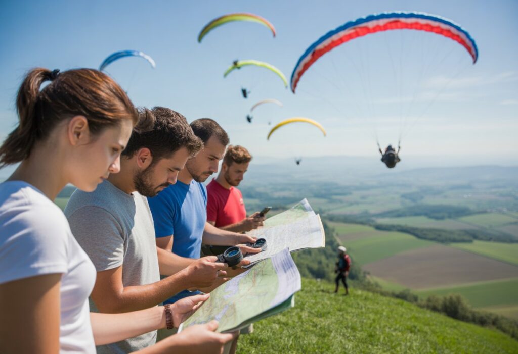 A group of people on a hilltop examining maps and instruments with paragliders flying in the sky over a landscape of hills and fields.