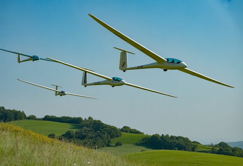 Several gliders soaring in the sky above green hills during a thermal soaring competition.