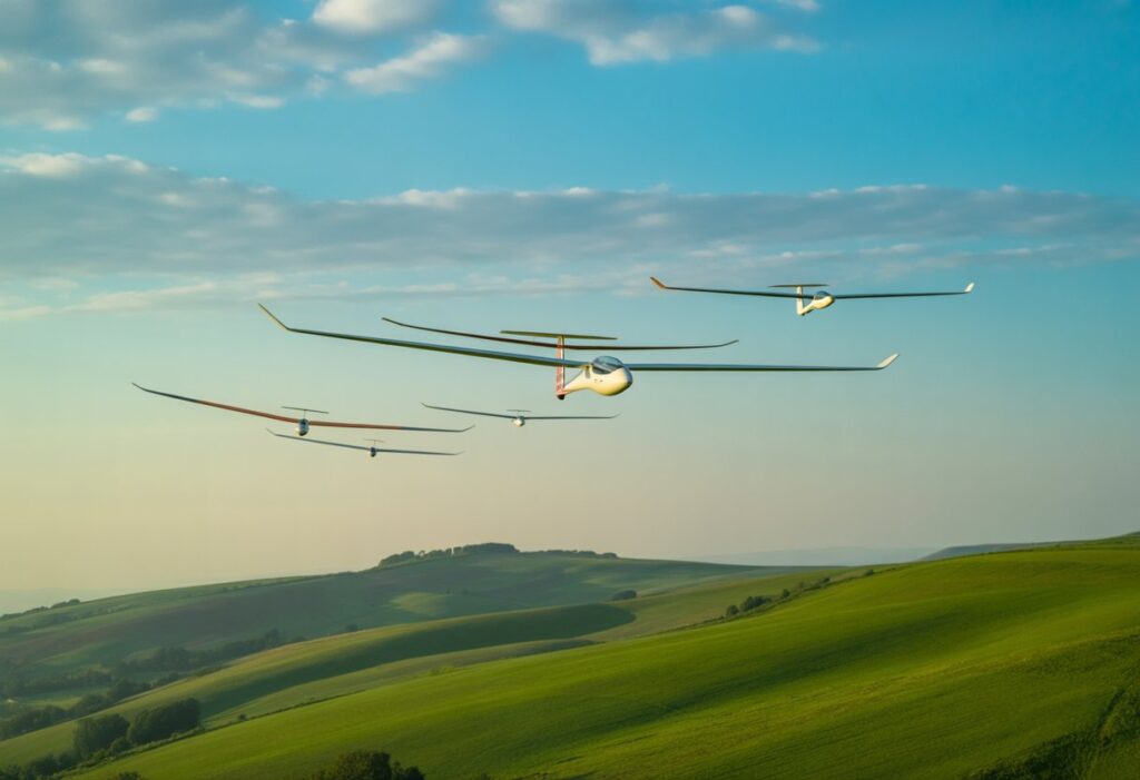 Multiple gliders soaring in a blue sky above rolling green hills during a thermal soaring competition.