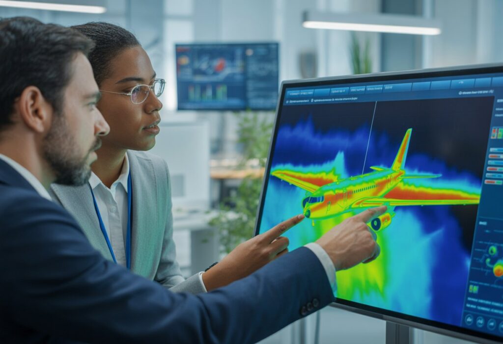 Two professionals in an office analyzing thermal imaging maps of an aircraft on a digital touchscreen, discussing flight risk management.