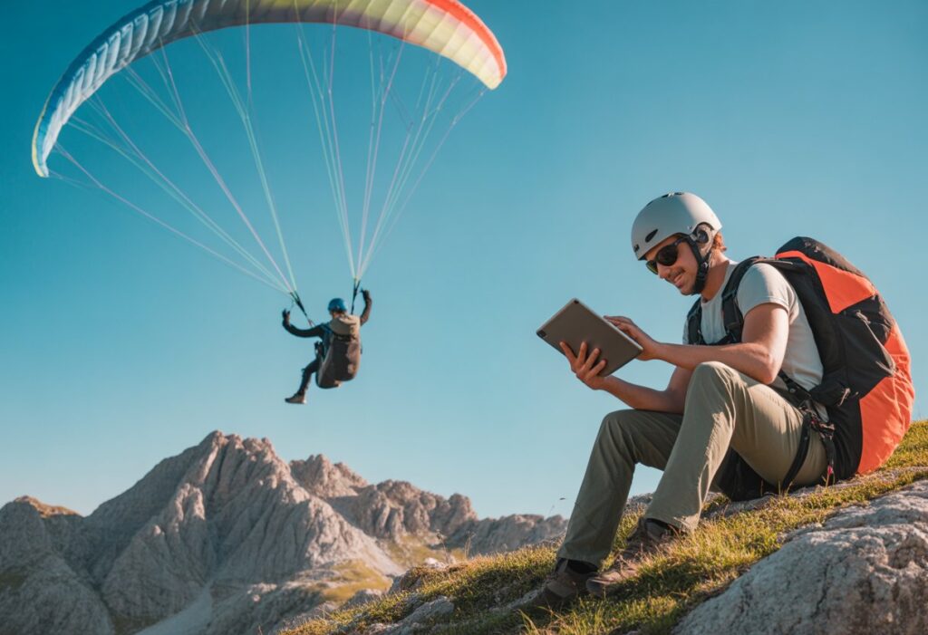 A paraglider flying over mountains on a sunny day with a team reviewing flight data nearby.