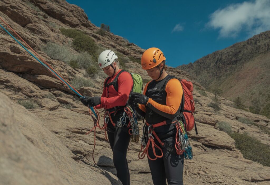 Two people wearing safety gear preparing for a mountain launch at the base of a rocky mountain trail with clear skies.