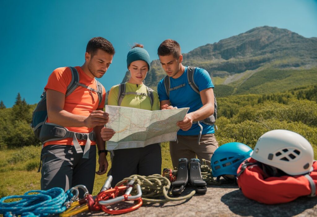 Three hikers in outdoor gear planning their route on a map at the base of a mountain with safety equipment nearby.