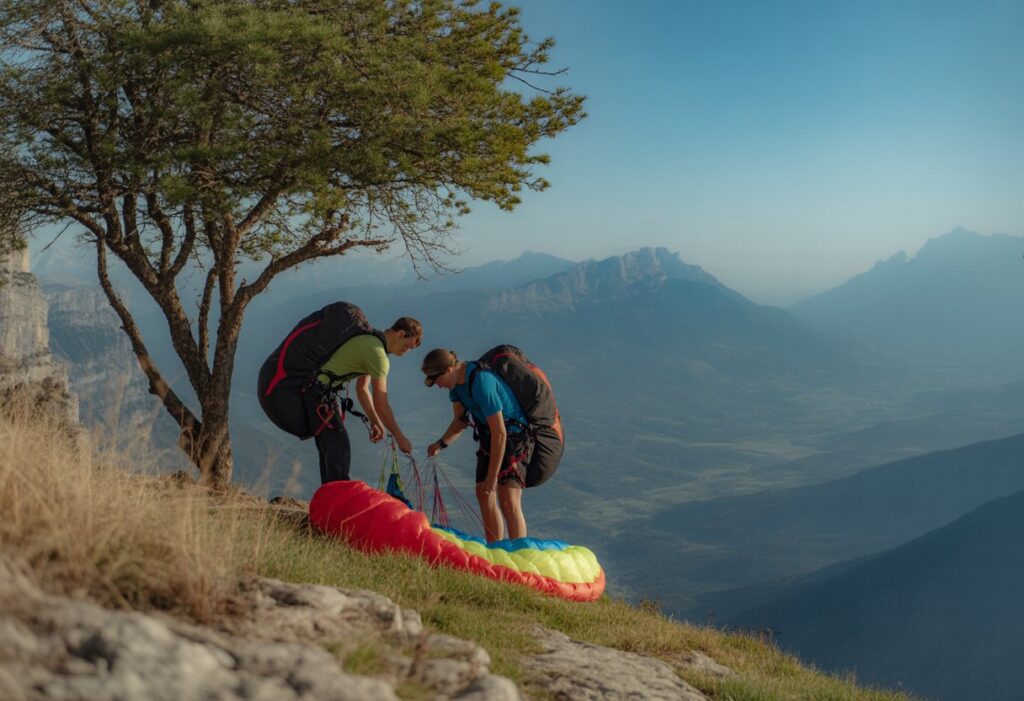 Two people preparing paragliding equipment at a mountain launch site near a tree by a cliff overlooking a valley surrounded by peaks.