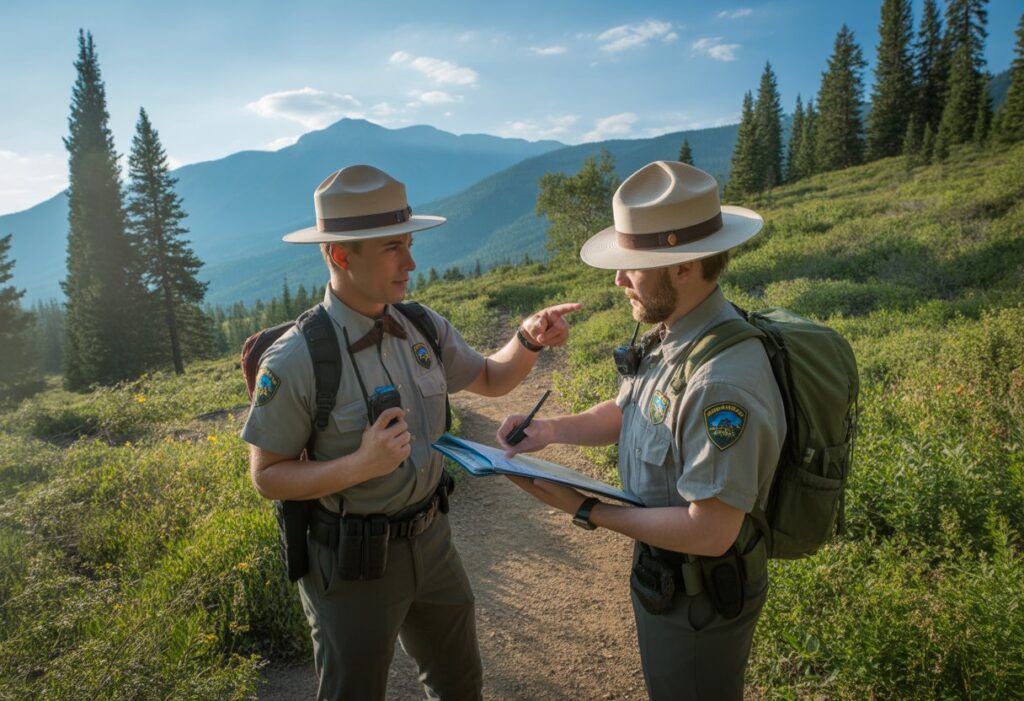 Two park rangers discussing trail regulations in a mountainous landscape.