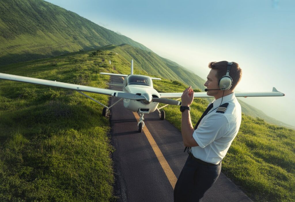 A pilot preparing a small airplane for takeoff on a steep, mountainous runway surrounded by green hills and clear skies.