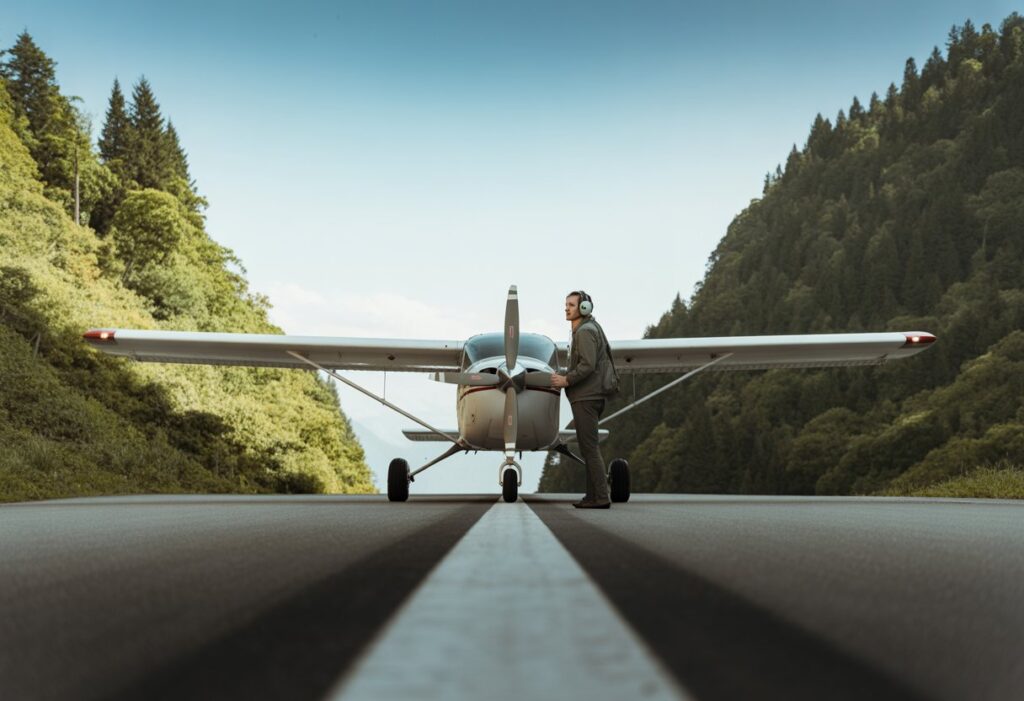 A small plane on a steep, narrow mountain runway with a pilot preparing for takeoff surrounded by trees and clear sky.