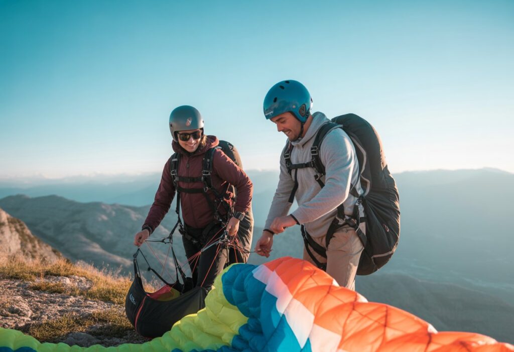 Two people preparing for a tandem paragliding launch on a mountain ridge with mountains and clear sky in the background.