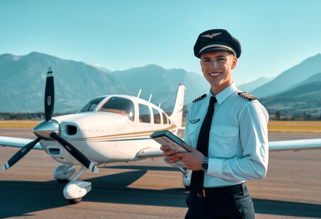 A pilot in uniform holding a checklist next to a small airplane with mountains in the background.