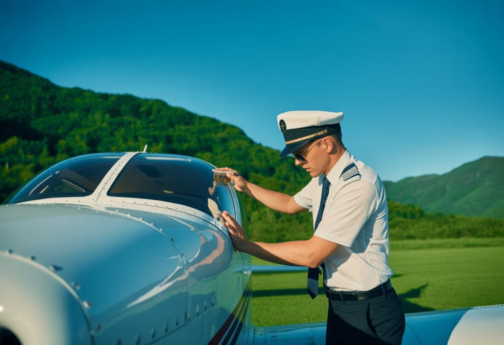 A pilot performing a pre-flight inspection on a small aircraft near green mountains under a clear blue sky.