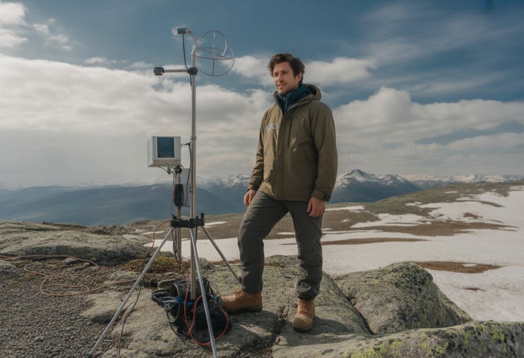 A meteorologist in outdoor gear stands by weather monitoring equipment on a mountain with snow-covered peaks and partly cloudy sky.