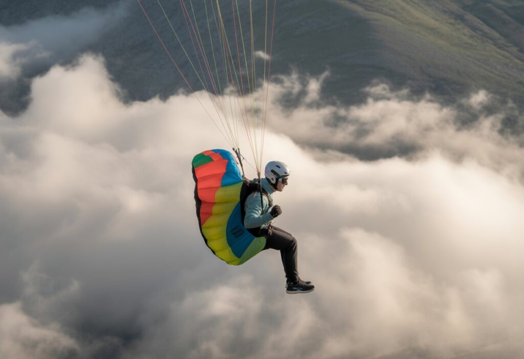 A person speed flying with a colorful paraglider through cloudy, windy mountain weather.