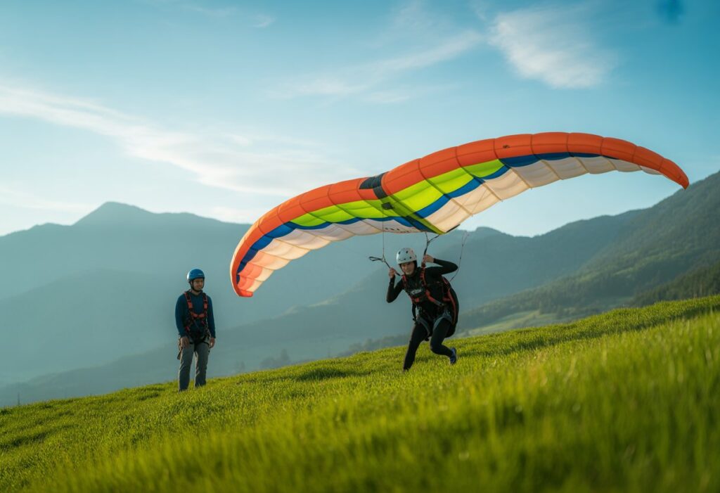 A person wearing a helmet and harness preparing to launch a speed flying wing on a grassy hillside with mountains in the background and an instructor standing nearby.