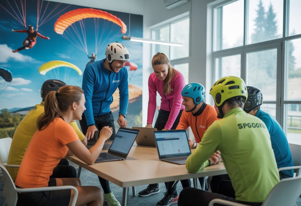 A group of people in outdoor sports gear discussing around a table with laptops and tablets in a bright room decorated with speed flying images.