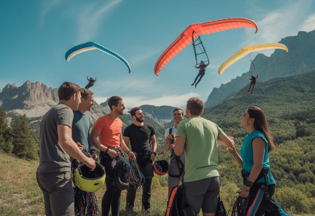 A group of people gathered outdoors on a mountain slope discussing speed flying gear with some speed flyers flying in the background.