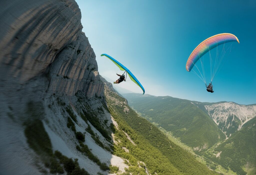 A speed flyer flying close to a mountain slope and a paraglider gliding above a green valley under a clear sky.