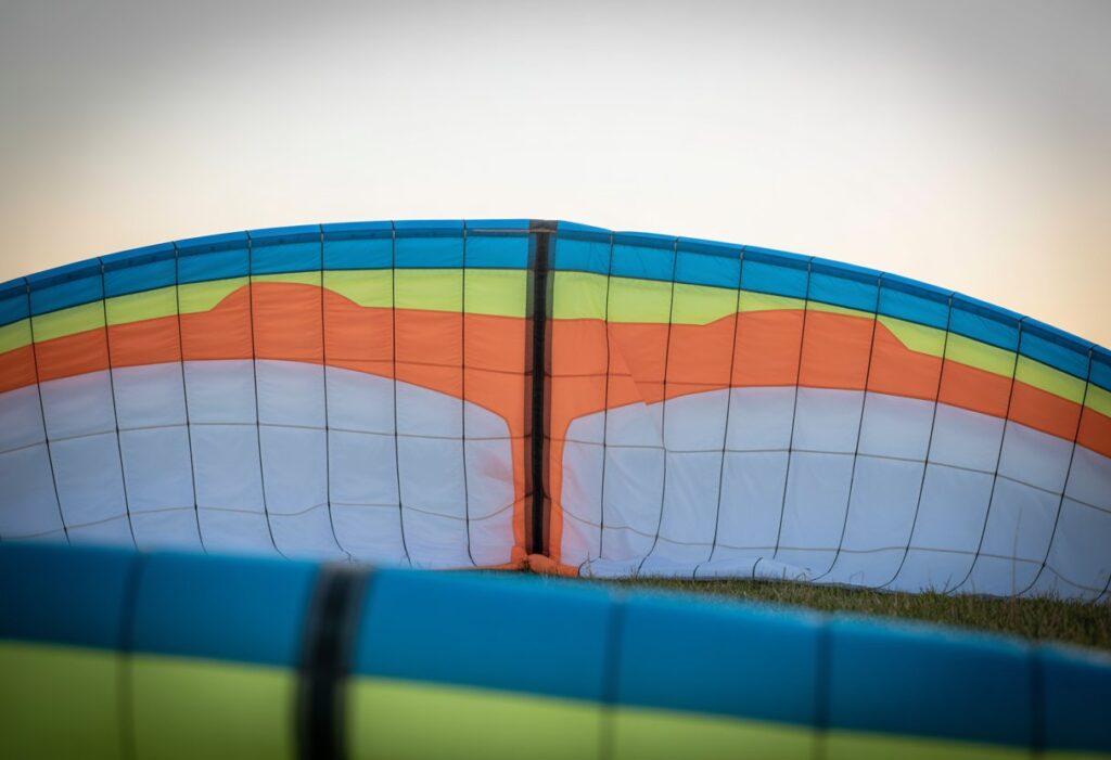 Close-up view of a paraglider wing laid out flat, showing its structure and different parts.