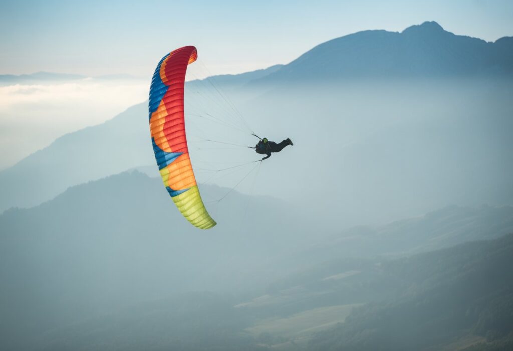A paraglider performing a flip in mid-air above misty mountains with a colorful parachute.