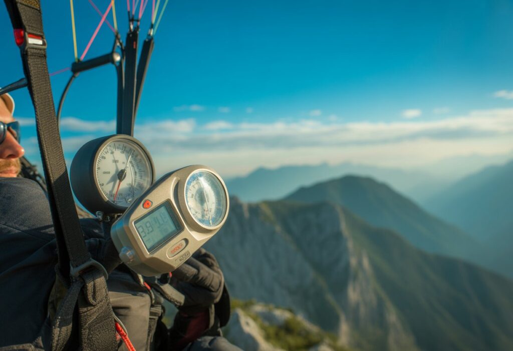 Close-up of paragliding thermal instruments on a control panel with a mountainous landscape in the background.
