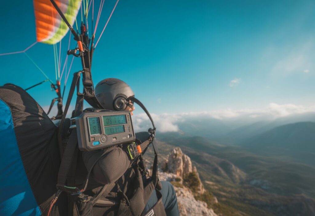 Close-up of paragliding thermal instruments mounted on a harness with a blue sky and mountains in the background.