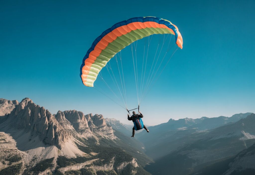 A person glides at high speed with a colorful parachute wing, weaving through mountain peaks and valleys beneath a flawless blue sky.