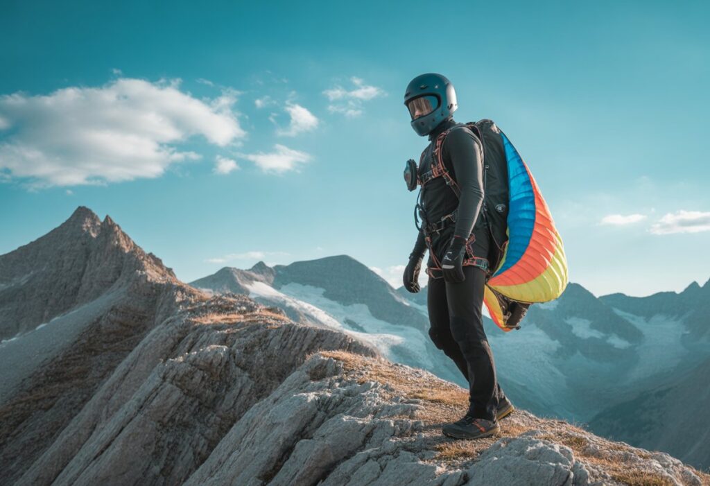 A person wearing speed flying gear stands on a mountain ridge with mountains and blue sky in the background, preparing for a flight.