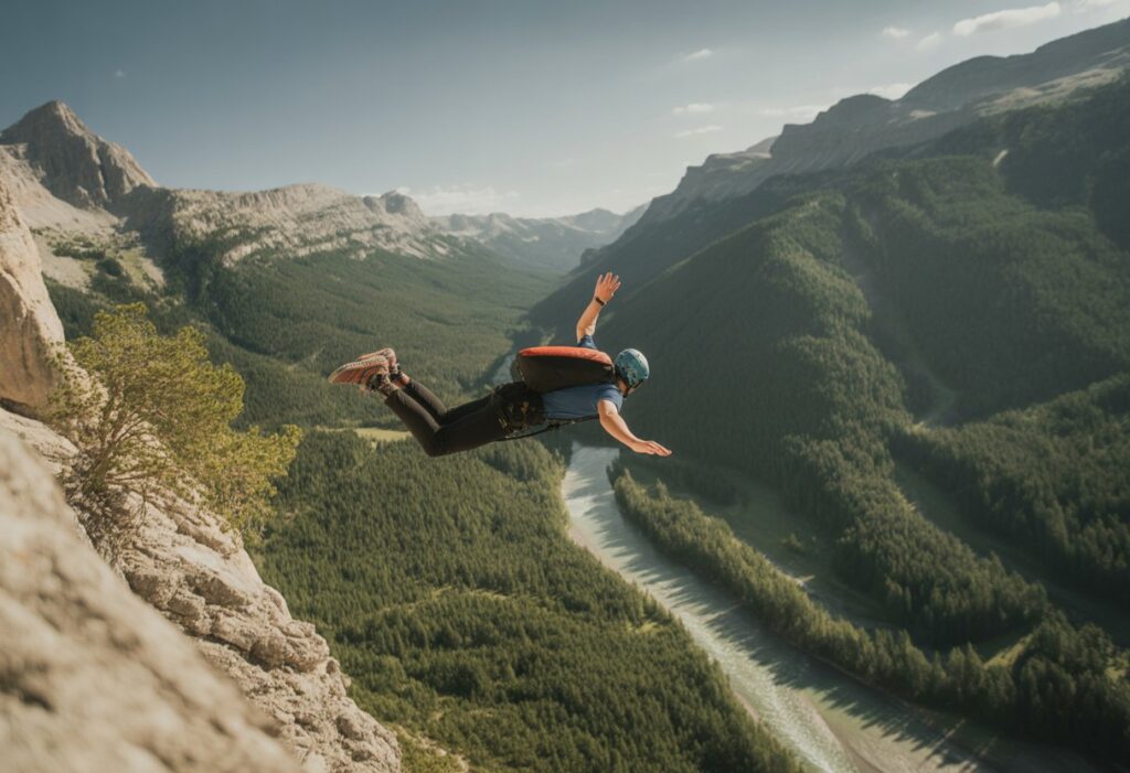 A person speed flying above rugged peaks and forested slopes, diving toward a winding river below—one of the top Speed Flying Sites for fast, technical descents and epic views.