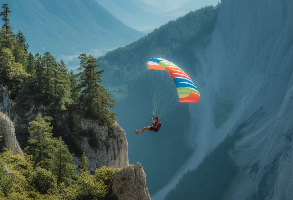 A person launches into speed flight with a vibrant parachute, skimming sharp cliffs and dense forests—an epic run through one of the most scenic Speed Flying Sites in the mountains.