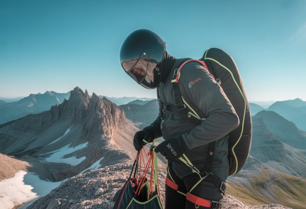 A person in speed flying gear preparing equipment on a mountain with clear skies and peaks in the background.