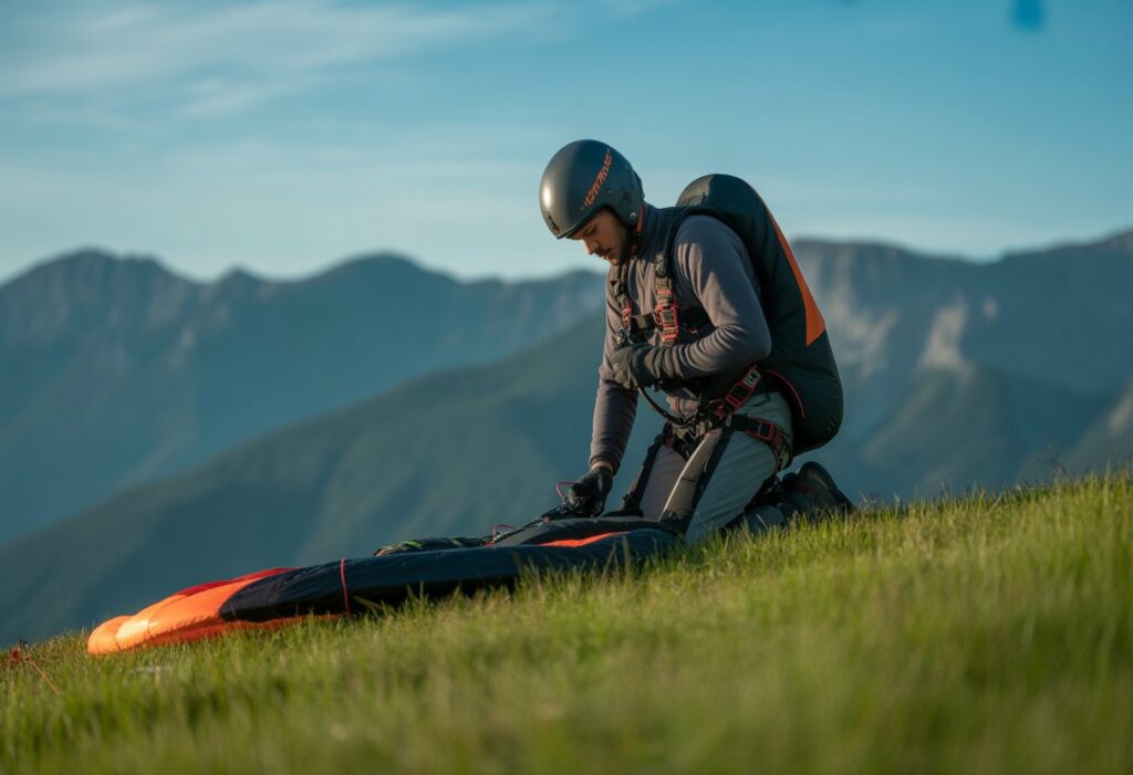 A speed flying pilot in full safety gear preparing equipment on a grassy hilltop with mountains in the background.