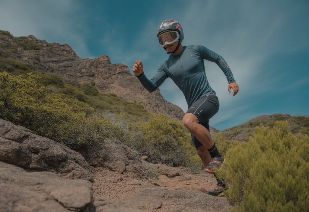 Athlete training outdoors on a mountain trail wearing sportswear and a helmet, preparing for speed flying.