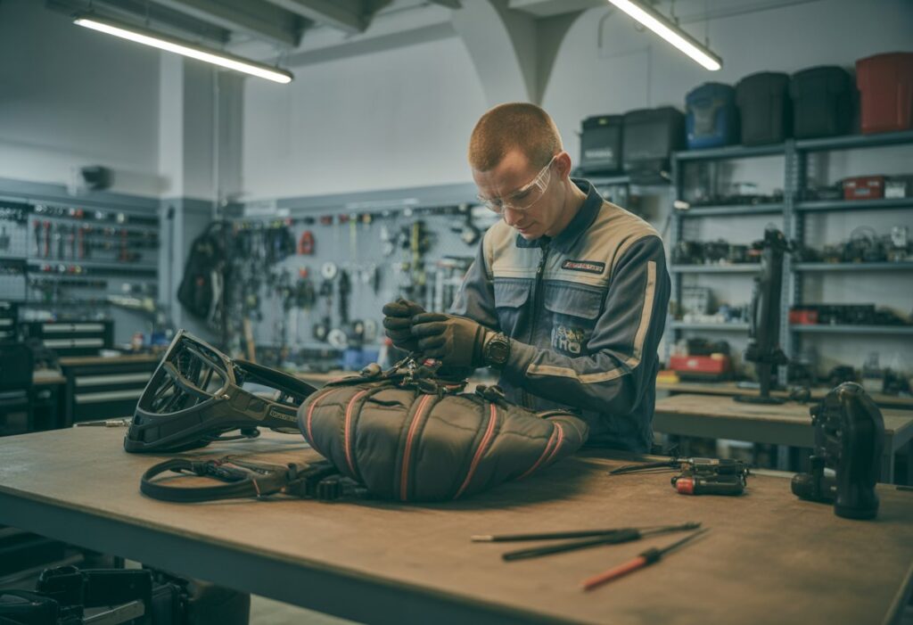 A technician inspecting and adjusting speed flying gear in a well-lit workshop.