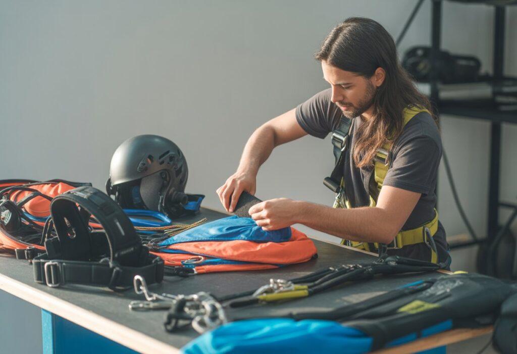 Person inspecting and cleaning speed flying gear on a workbench with various equipment components neatly arranged.