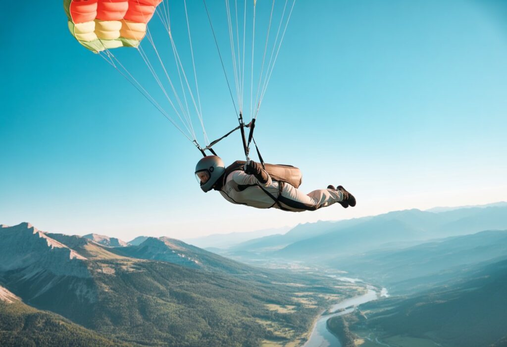 A speed flyer wearing protective gear soars with an open parachute over mountains, under clear skies, with valleys stretching below.