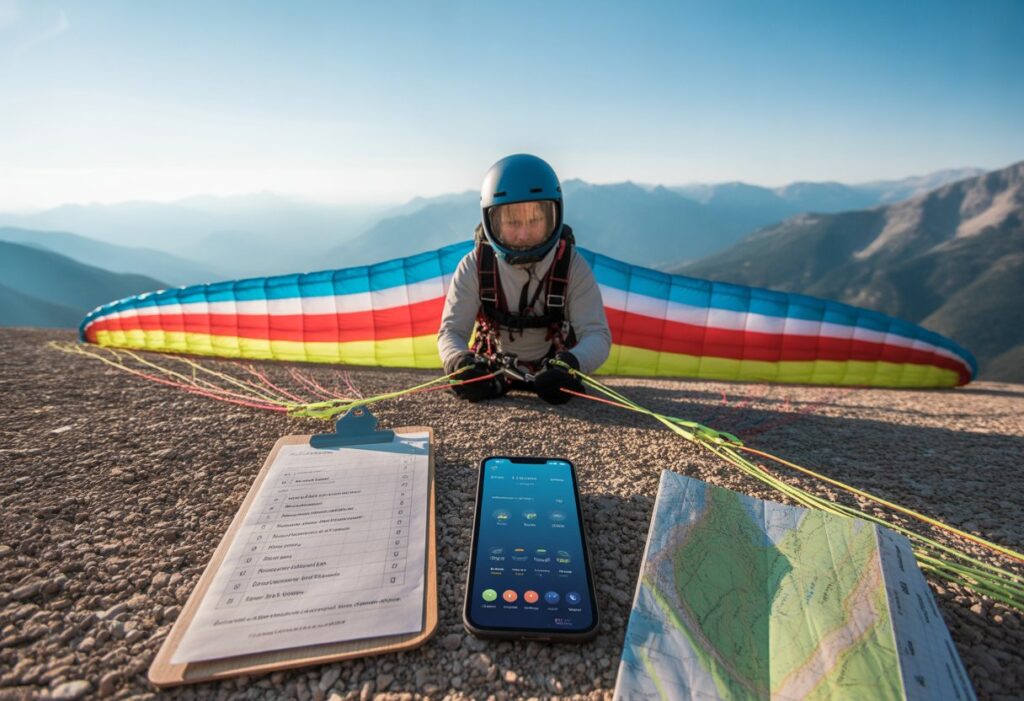 A speed flyer wearing safety gear prepares for flight on a mountain slope with a colorful wing behind them, surrounded by a checklist, a smartphone showing weather, and a map, with mountains and blue sky in the background.