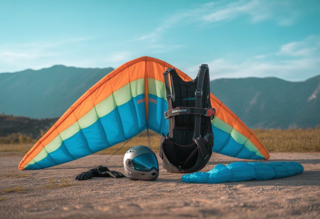 Speed flying equipment including a wing canopy, harness, helmet, gloves, and reserve parachute arranged outdoors with mountains in the background.