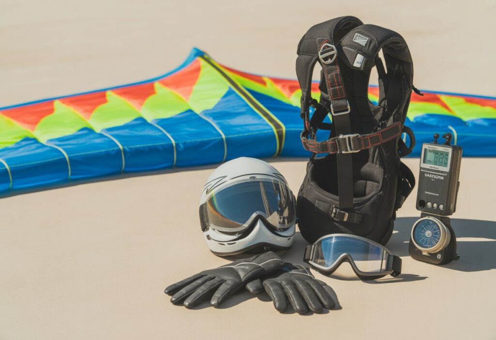 Speed flying equipment including a colorful wing canopy, harness, helmet, gloves, goggles, and a variometer arranged on a surface.