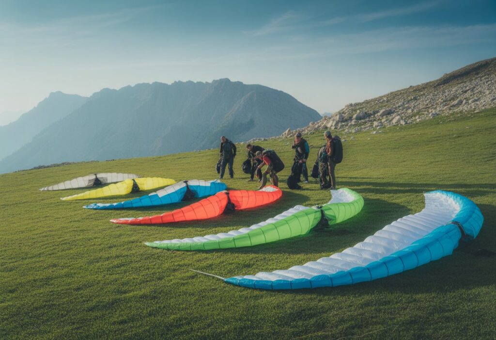 Several colorful speed flying wings laid out on a grassy mountain slope with people preparing to fly and mountains in the background.
